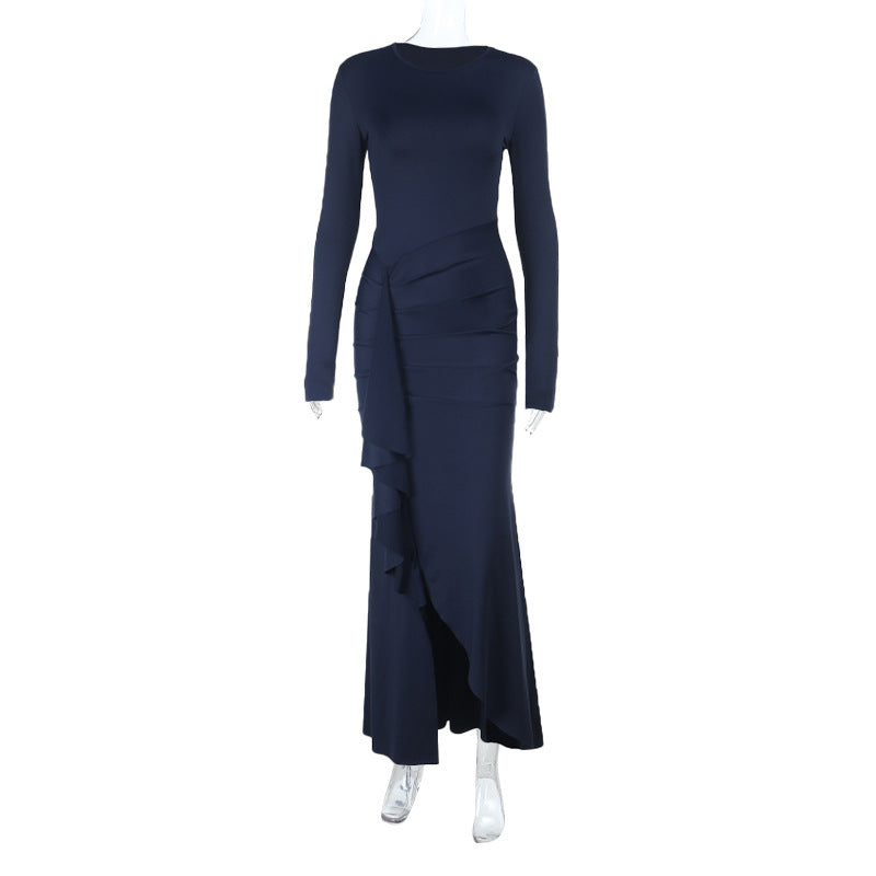 Dame elegant maxikjole med asymmetrisk rufflesætning og lang silhuet Skovae