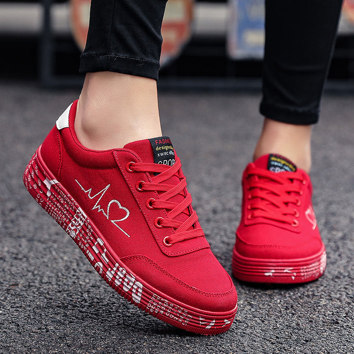 Damer nan Canvas-Sneakers med dekorativ trykt plateau sål og hjerte linje broderi Skovae