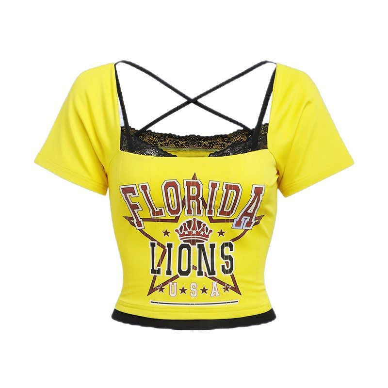 Dame cropped T-shirt med dekorativ ryg og kreativ grafiktryk Stilla