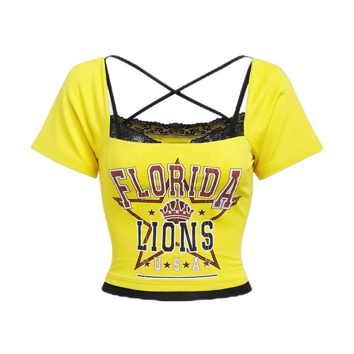 Dame cropped T-shirt med dekorativ ryg og kreativ grafiktryk Stilla