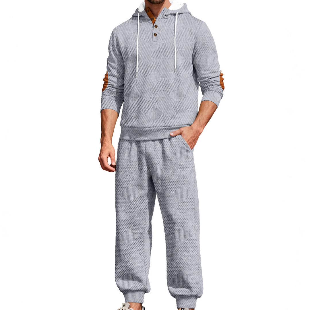 Herre nan struktureret hoodie-jogging sæt med Henley-knapstolpe og kontrast-albue-patches Skovae