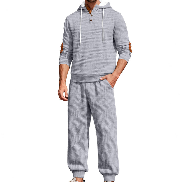 Herre nan struktureret hoodie-jogging sæt med Henley-knapstolpe og kontrast-albue-patches Skovae