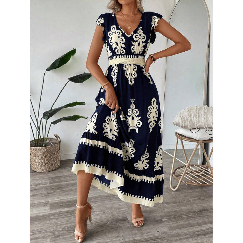 Damer Bohemian Floral Maxi Kjole med smocket talje Stilla
