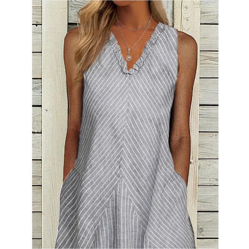 Dame ærmeløs A-formet midikjole med ruffle-V-hals diagonalt stribet linned-look og sidelommer Skovae