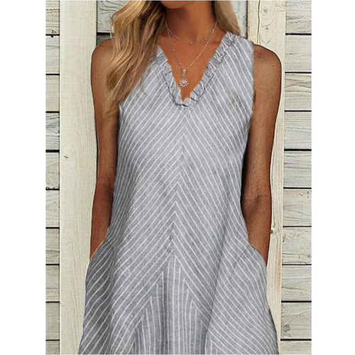 Dame ærmeløs A-formet midikjole med ruffle-V-hals diagonalt stribet linned-look og sidelommer Skovae