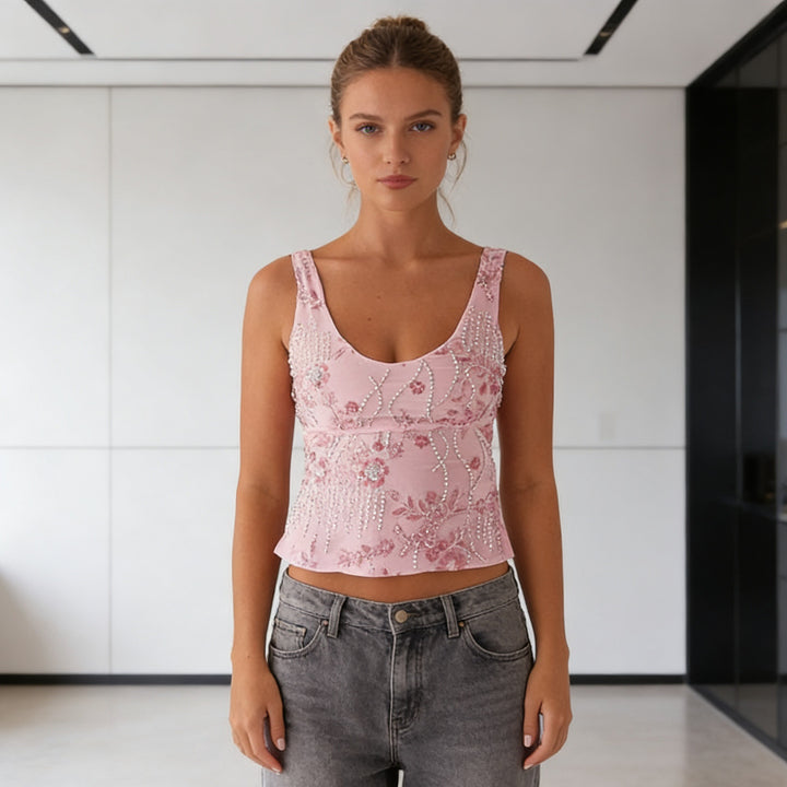 Dame Glamourøst top med glitrende broderier og smalle stropper Skovae