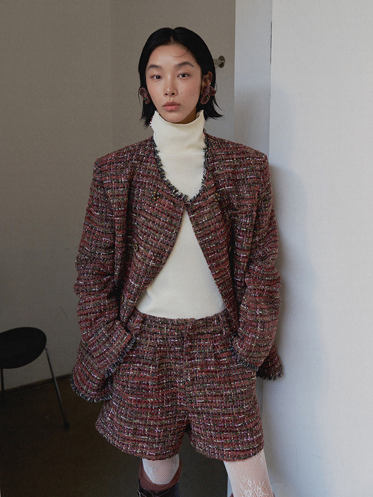 Dame moderigtigt tweed-blazer-sæt med designerdetaljer og højere komfort Stilla