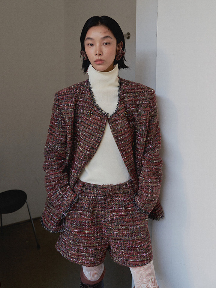 Dame moderigtigt tweed-blazer-sæt med designerdetaljer og højere komfort Stilla
