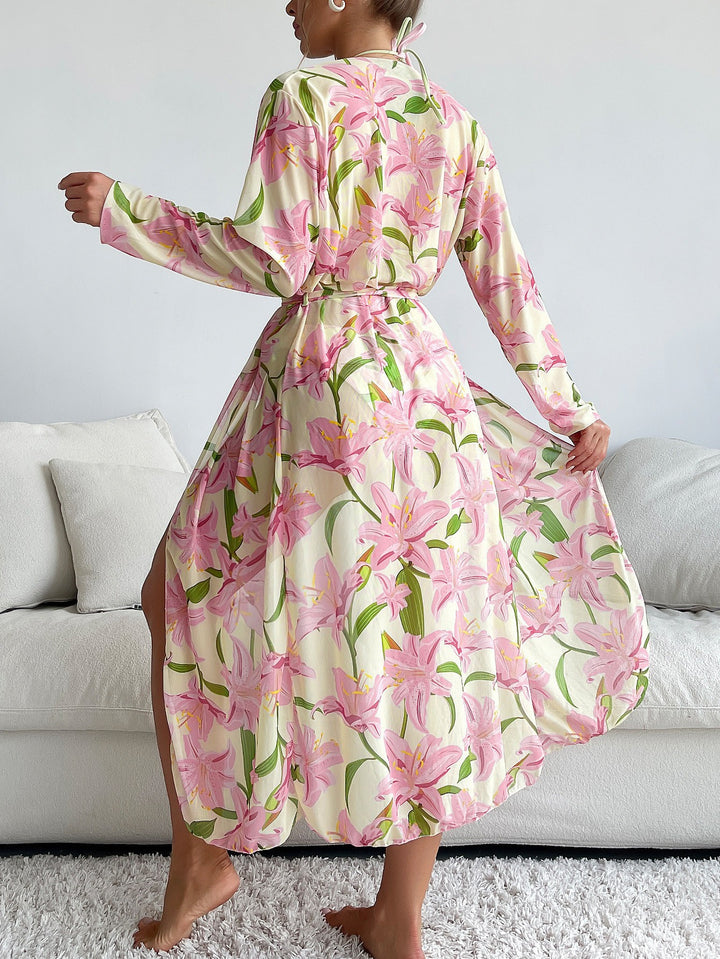 Dame Strandkimono med blomster mønster og sidelæg Stilla
