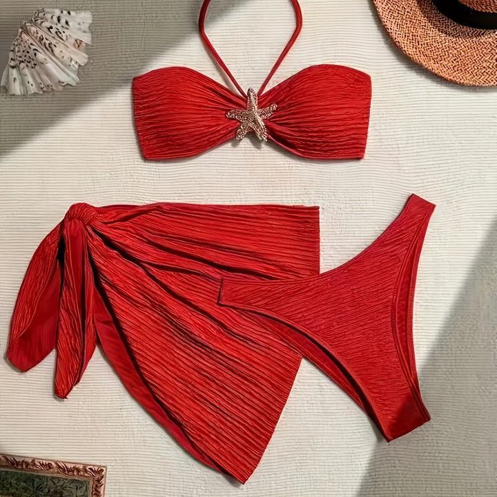 Dame bandeau-bikini-sæt med legesyg indpakningsskørt og glitrende søstjerne-detalje Skovae