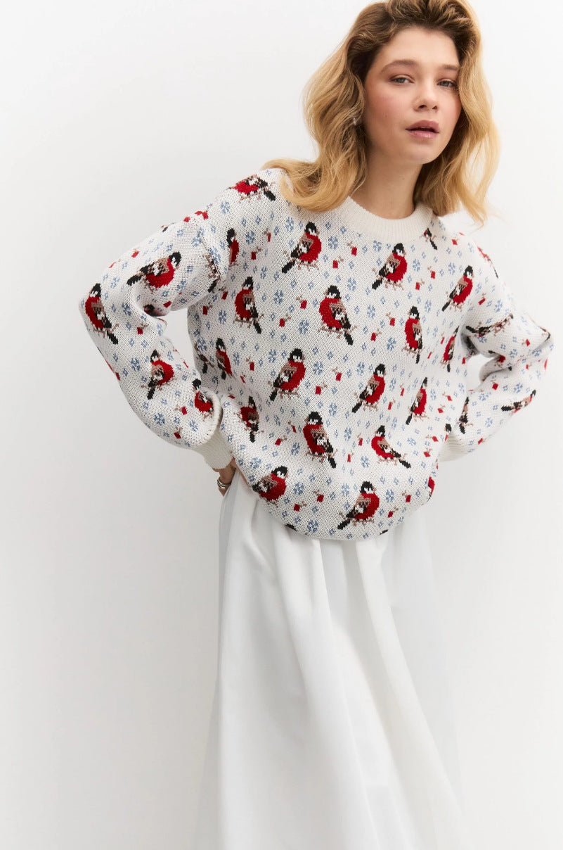 Kvinders hyggelige sweater med festlige små fuglemønster Stilla