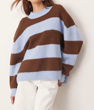 Kvinders oversized strikket sweater med stribet mønster og bred pasform Stilla