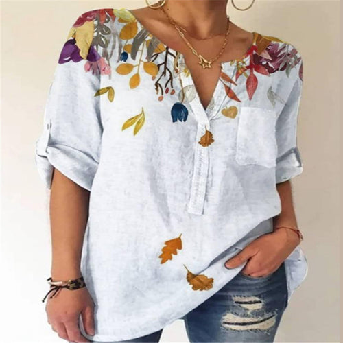 Damebluse med floral broderedesign og V-hals Stilla