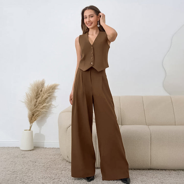 Dame elegant todelt jakkesæt med ærmeløs blazer og bredt skårede bukser Stilla