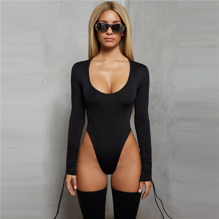 Dame bodystocking med lange ærmer og dyb rund halsudskæring Skovae