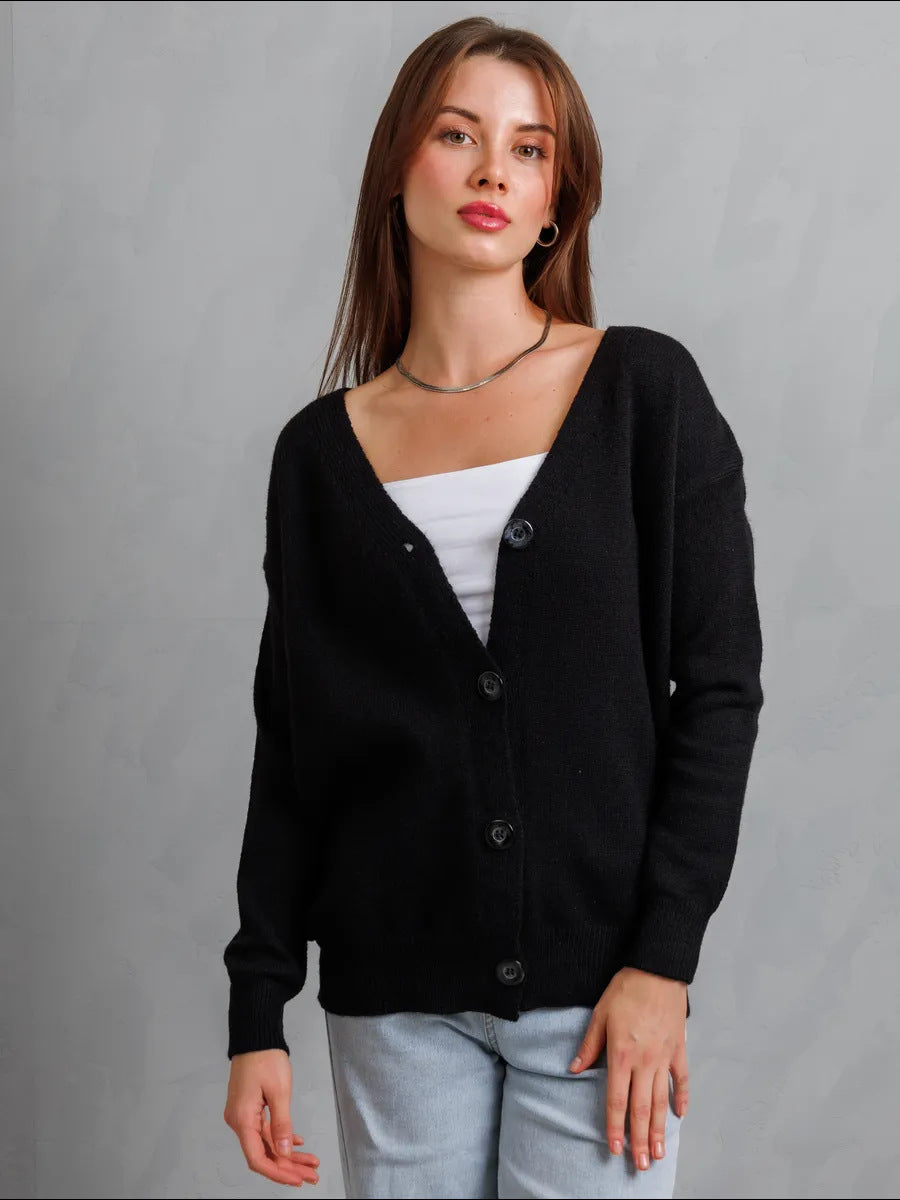 Dame cardigan med knapper og dyb V-hals Stilla