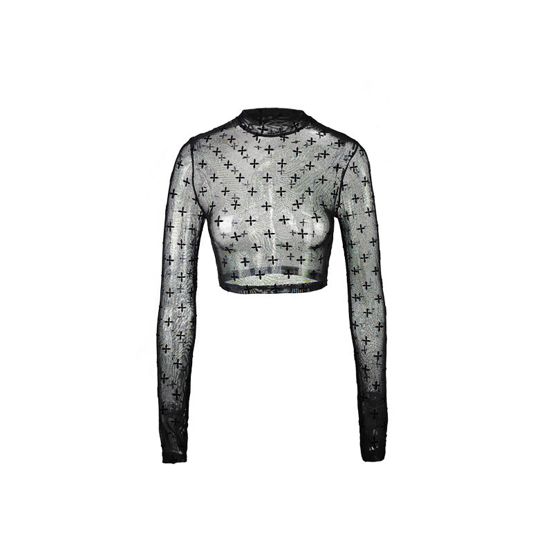 Dame Langærmet Crop-Top med gennemsigtig netdesign og dekorative applikationer Stilla