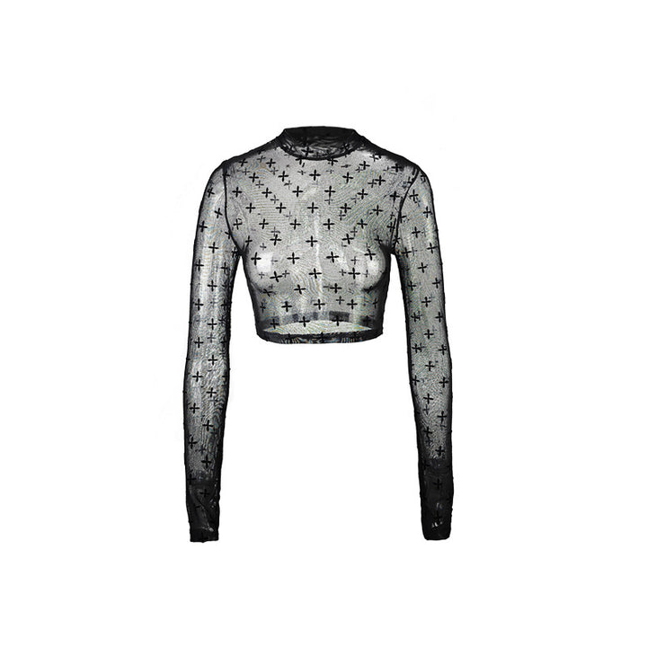 Dame Langærmet Crop-Top med gennemsigtig netdesign og dekorative applikationer Stilla