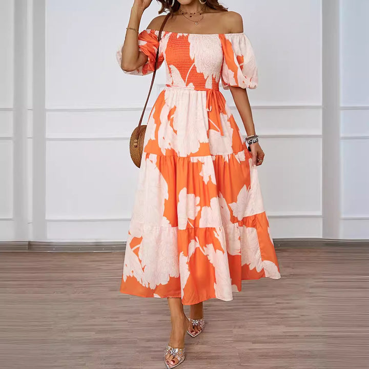 Kvinder Off-Shoulder Maxi Kjole med Voluminøse Ærmer og Print Stilla