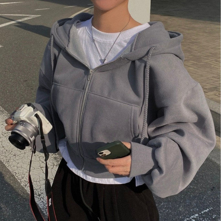 Kvindernes kortede hoodie med lynlås og afslappet stil