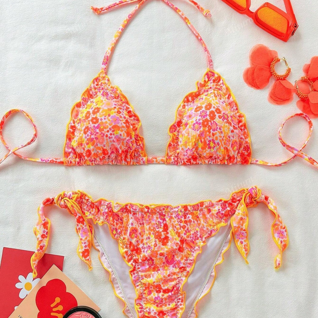 Dame bikini-sæt med romantiske flæse detaljer og høj taljebånd Skovae