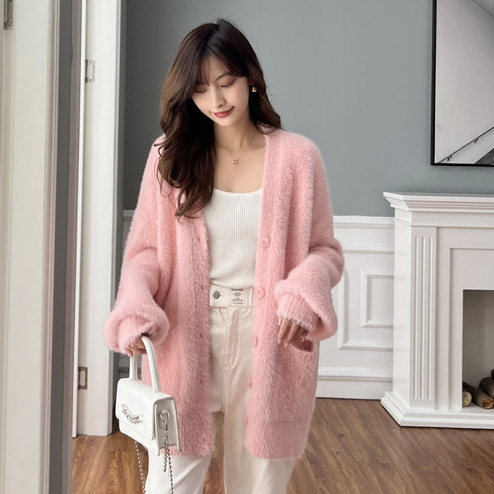 Dame fluffy cardigan med lommer og brede revers Stilla