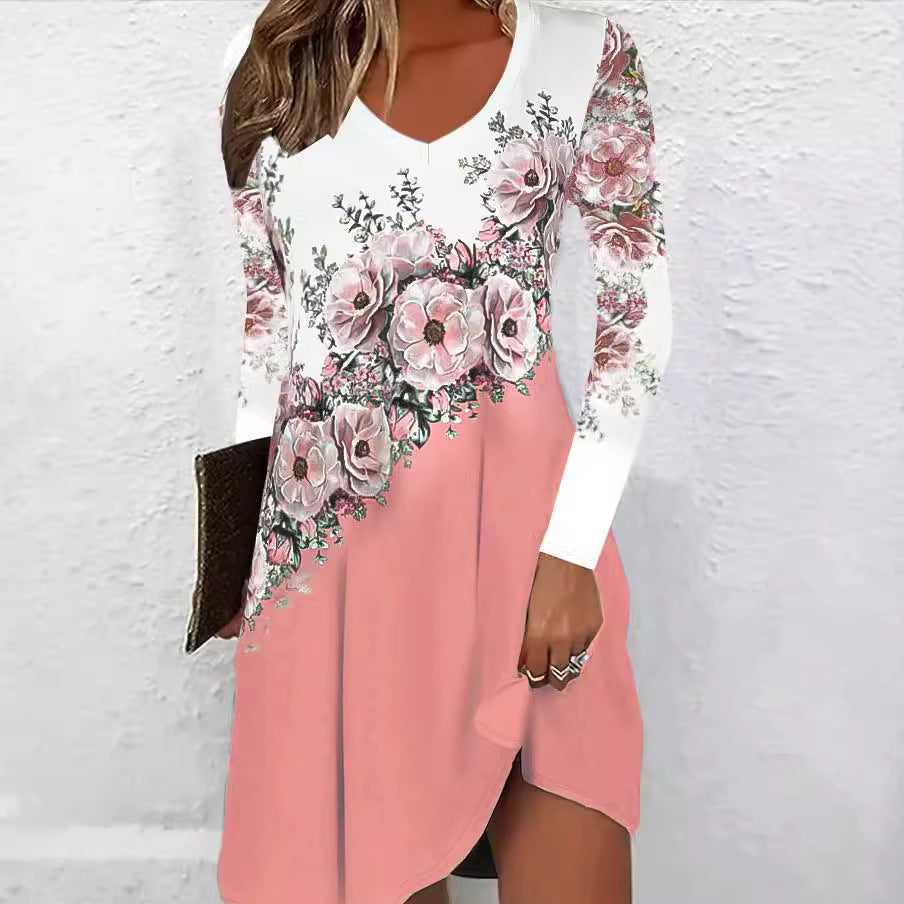 Dame Floral Print V-hals Midi Kjole med lange ærmer Stilla