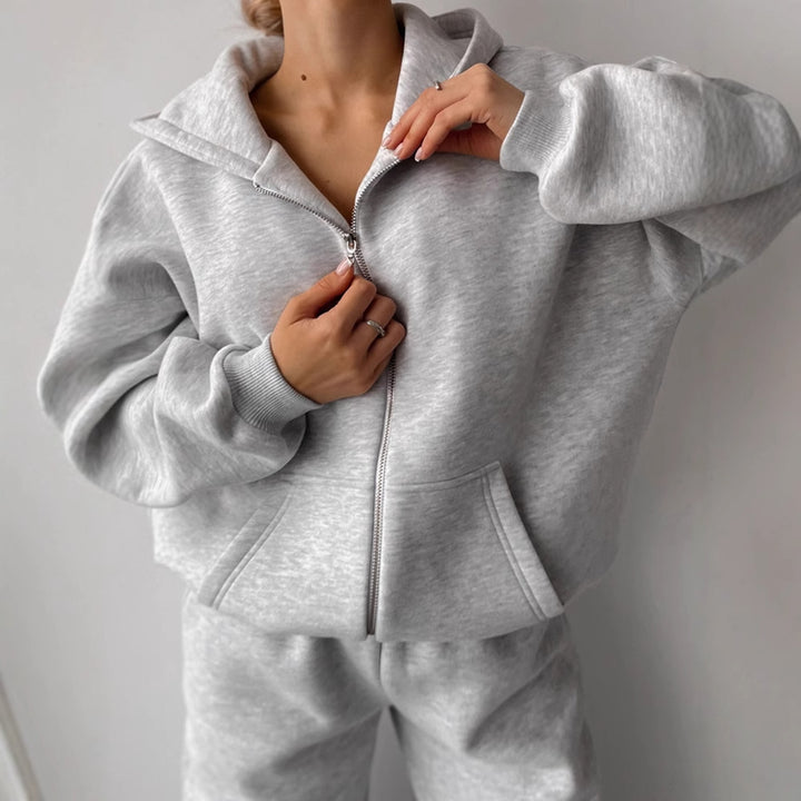 Kvinder casual sweatshirt og joggingbukser sæt med hætte og praktisk lynlås Skovae