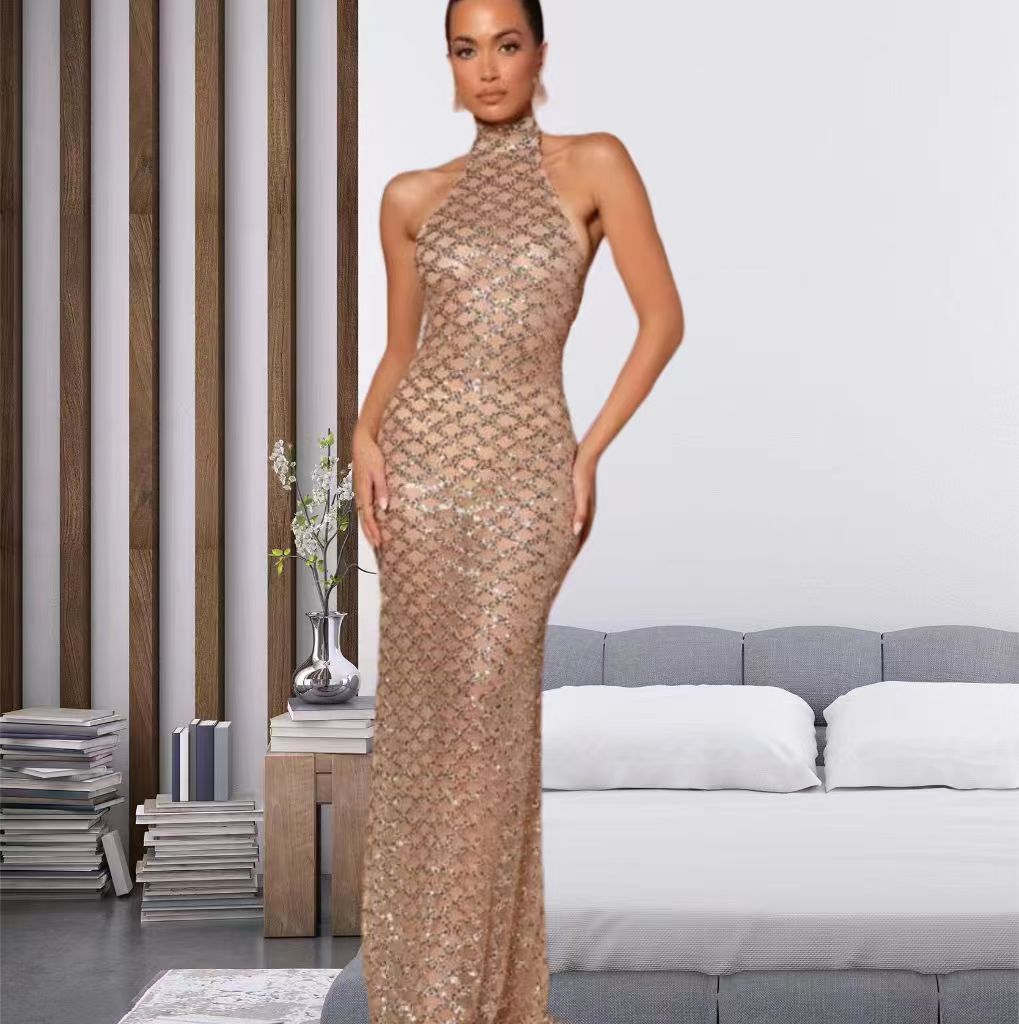 Damer Elegant Aftenkjole i Bodycon Stil med Skinnerende Paillet Trim Skovae