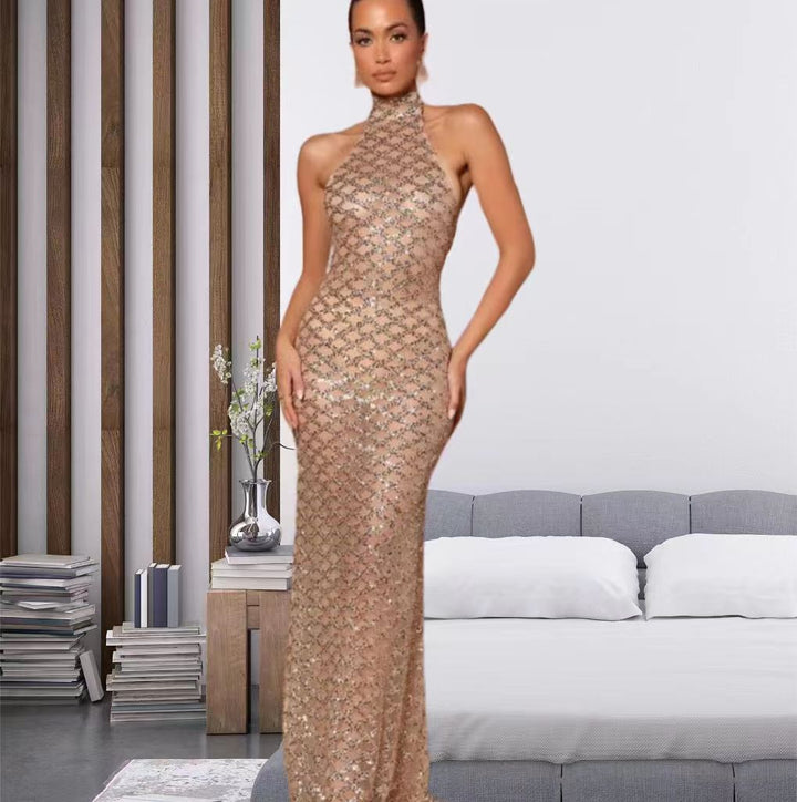 Damer Elegant Aftenkjole i Bodycon Stil med Skinnerende Paillet Trim Skovae