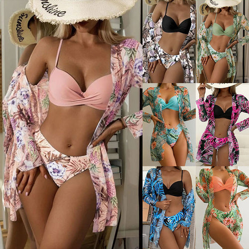 Dame To-delt Bikini-sæt med blomsteret indpakningsskjorte Skovae