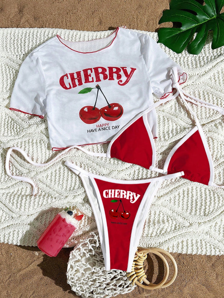 Dame bikini-sæt med trendy kirsebærmotiv og afslappet crop-top Skovae