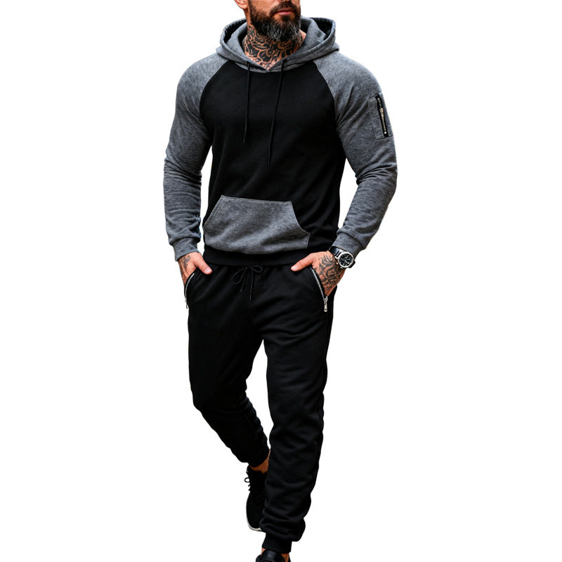 Herrer to-delt hætte-sweatset med raglanærmer, ærme-zip-lomme og tapered joggingbukser Skovae