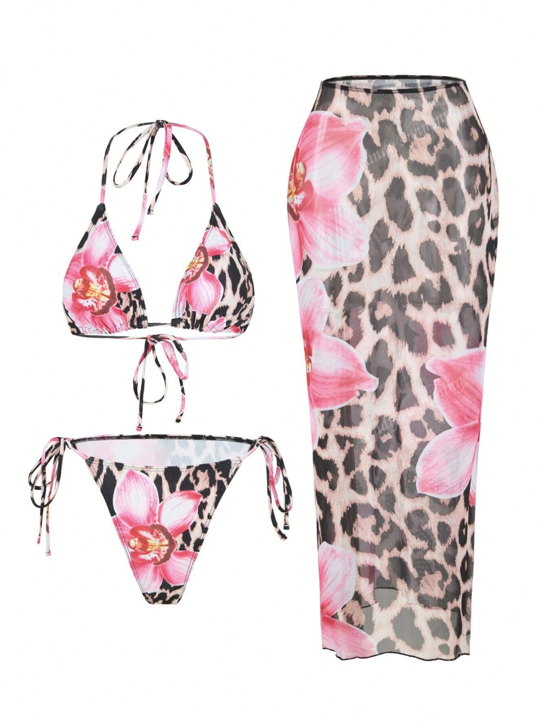 Dame Triangel-Bikini-Sæt med blomsterdesign og gennemsigtig Maxikjole Skovae