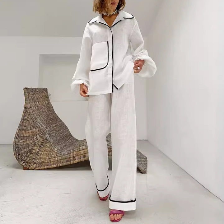 Dame Pyjama-Sæt i åndbart hør med elegante kontrastsyninger Stilla