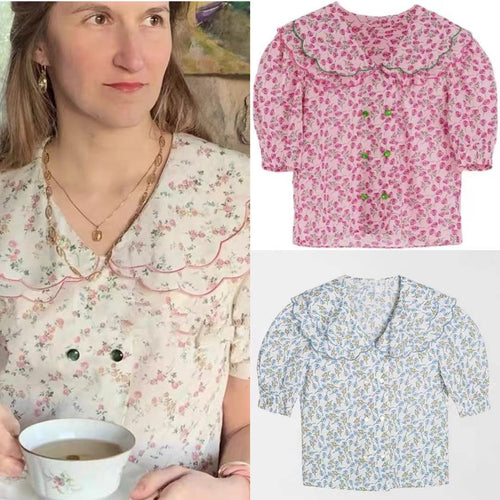 Damebluse med voluminøse puffærmer og blomsteretternet krave Stilla
