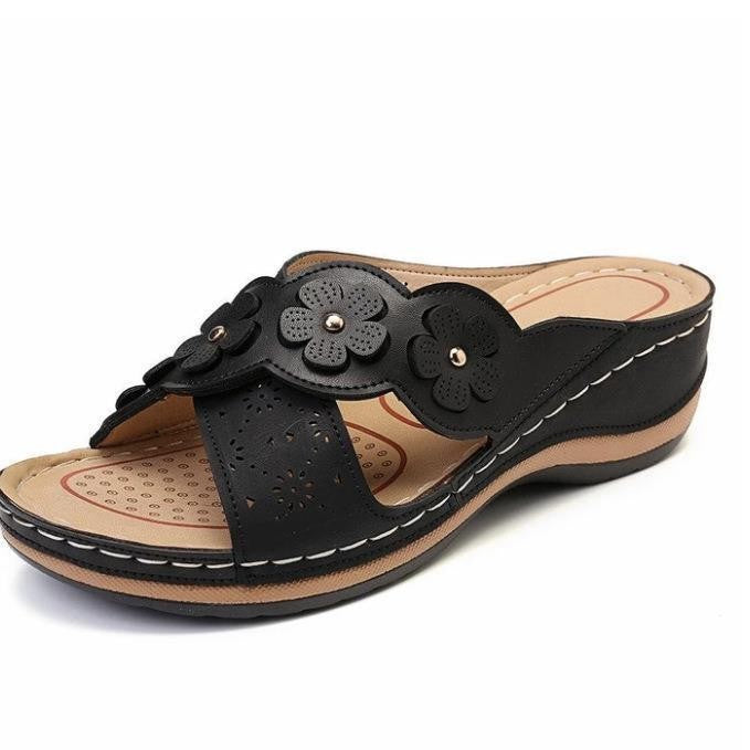 Dame Wedge-Pantoletten med blomsterapplikation og ergonomisk fodseng Stilla