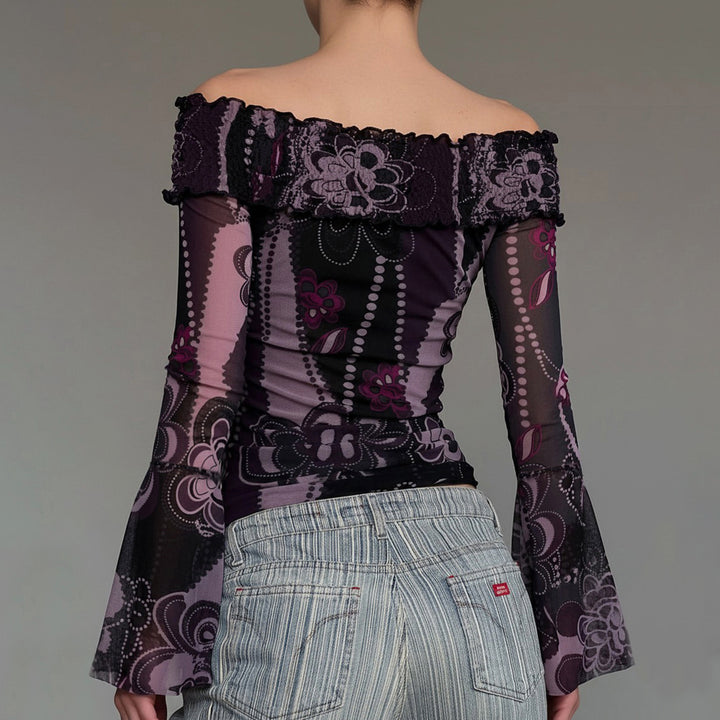 Dame Off-Shoulder Bluse med elegante rufledetaljer og brede ærmer Skovae