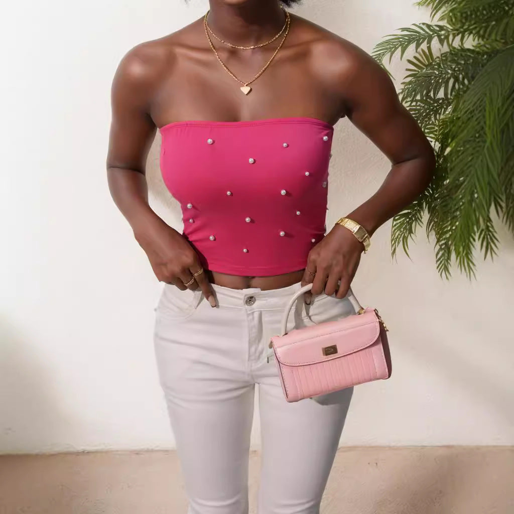 Dame bandeau-top med elegante perleapplikationer Skovae