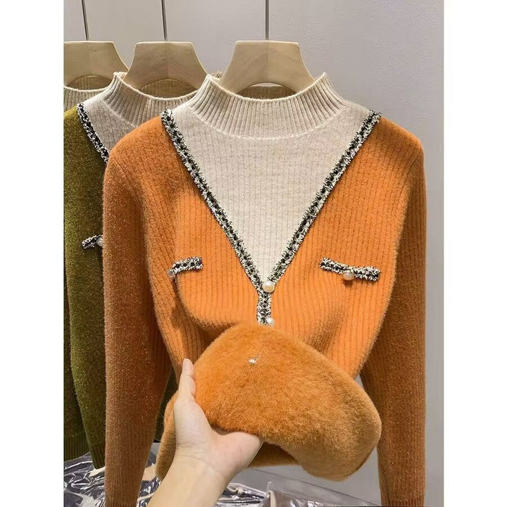 Dame mode V-hals pullover med glimmerdetaljer og knapper Stilla