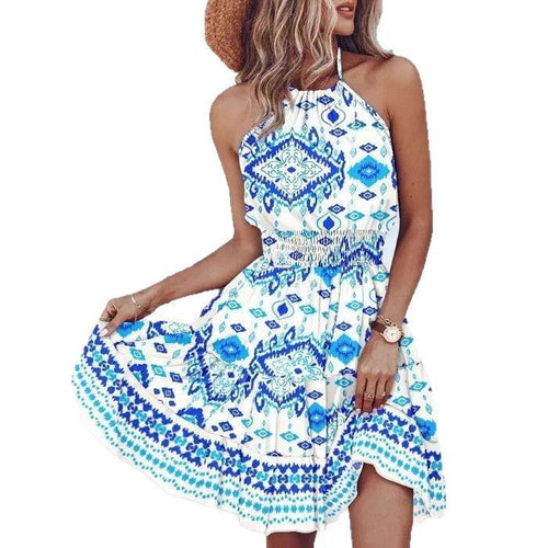 Dame Halter Neck Midi Kjole med Boho-tryk Stilla