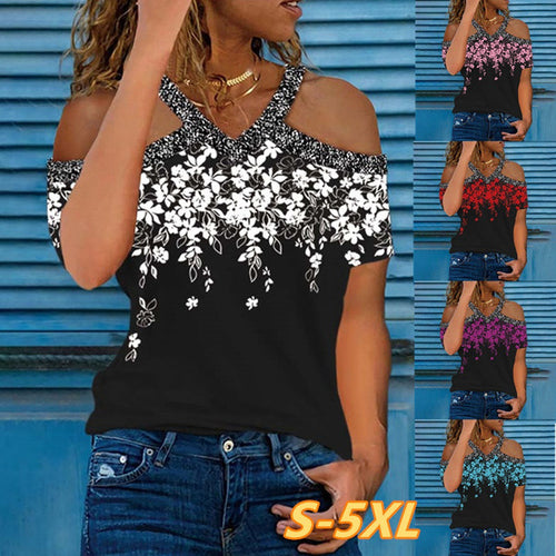 Dame Off-Shoulder Bluse med floral design og glitrende krave Stilla