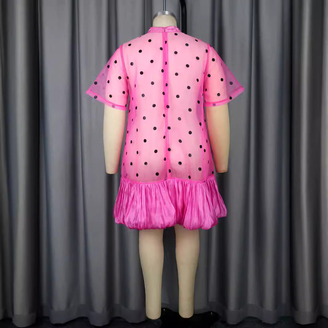 Dame gennemsigtig polka-dot mini-kjole med flæsekant Skovae