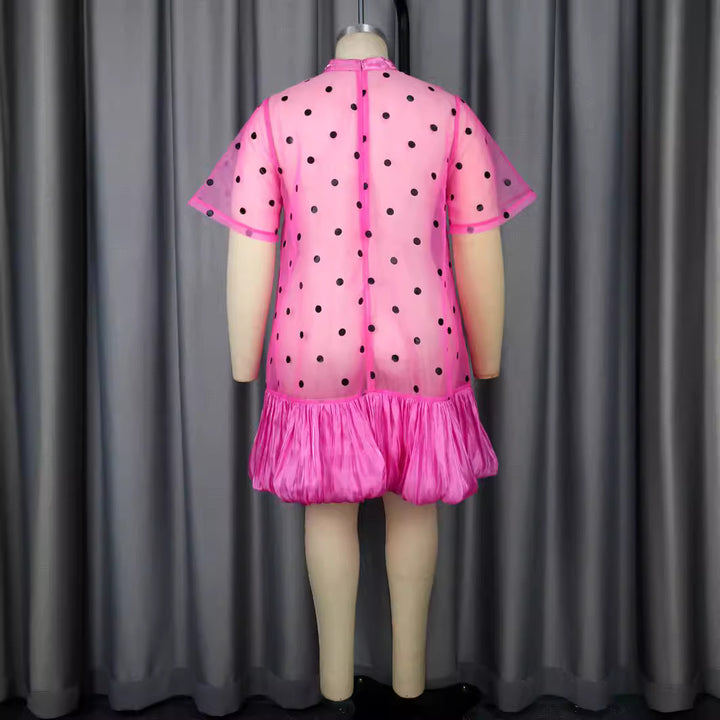 Dame gennemsigtig polka-dot mini-kjole med flæsekant Skovae