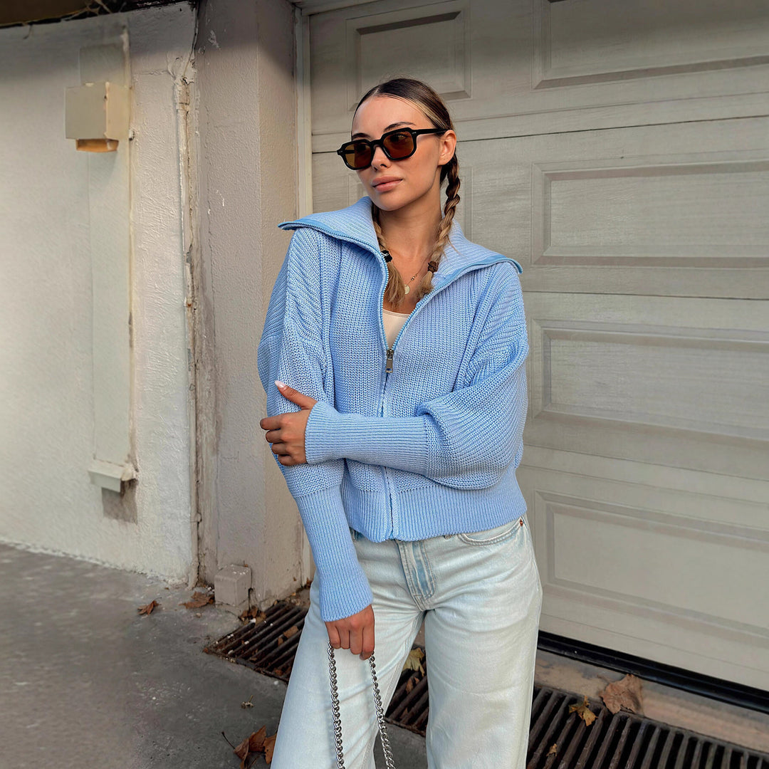 Dame Oversized Strik Cardigan med Høj Krave og Lynlås Skovae