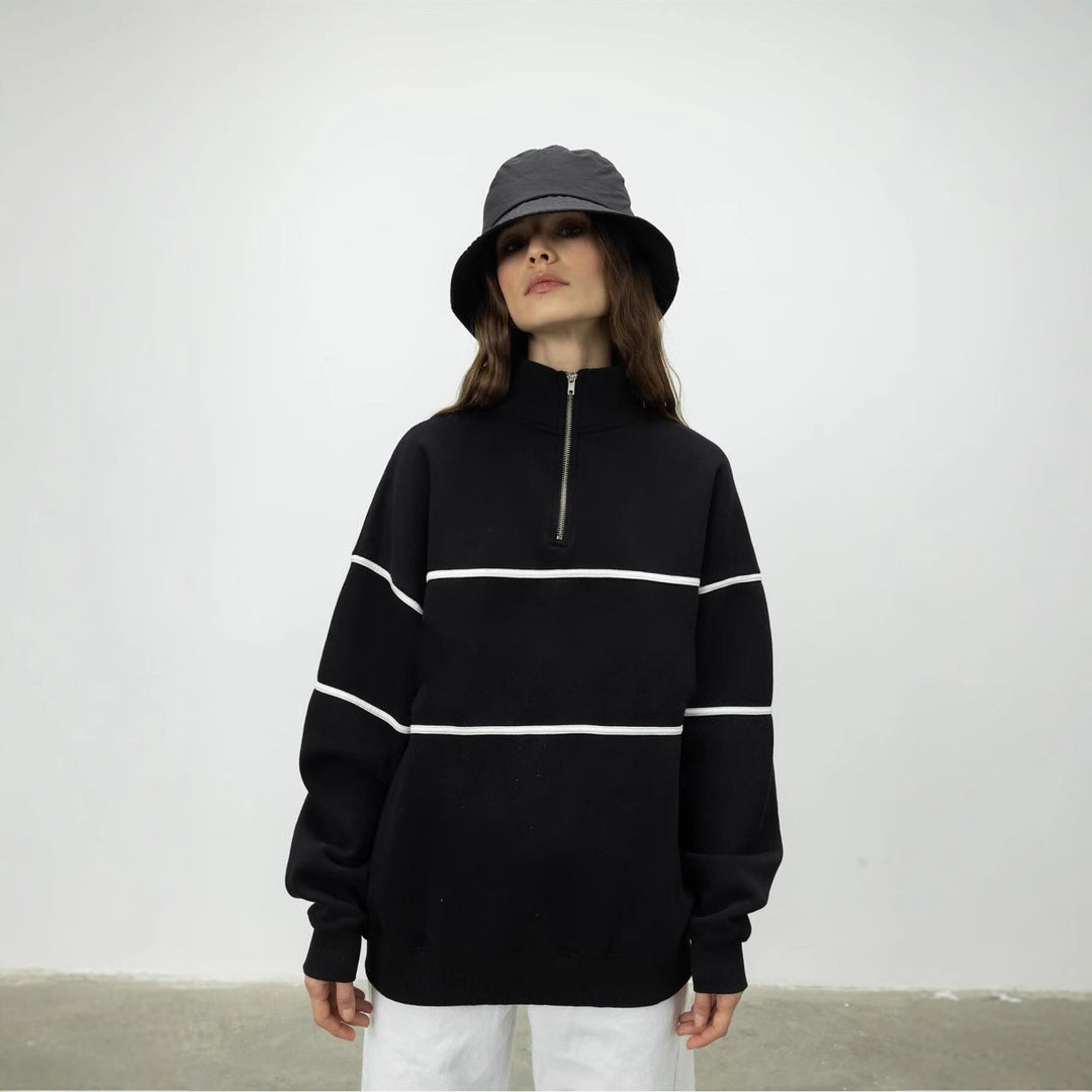 Kvinder Oversized Hoodie med Lynlås og Stribet Mønster Skovae