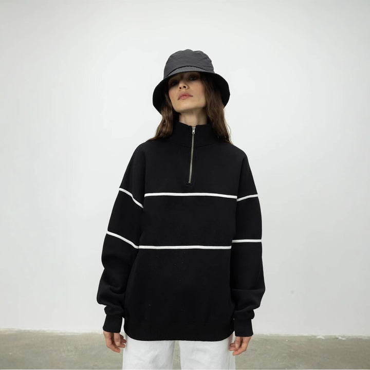 Kvinder Oversized Hoodie med Lynlås og Stribet Mønster Skovae