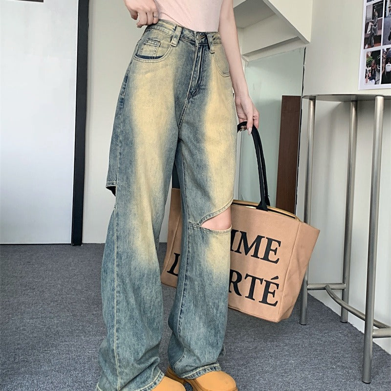 Damer Bred Denim Bukser med Asymmetrisk Knapper Stilla