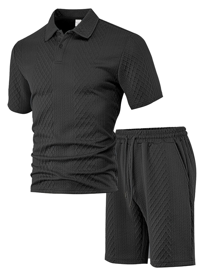 Herrer nan struktureret polo-shirt- og bermuda-shorts-sæt fra quiltet bomuldsblanding Skovae