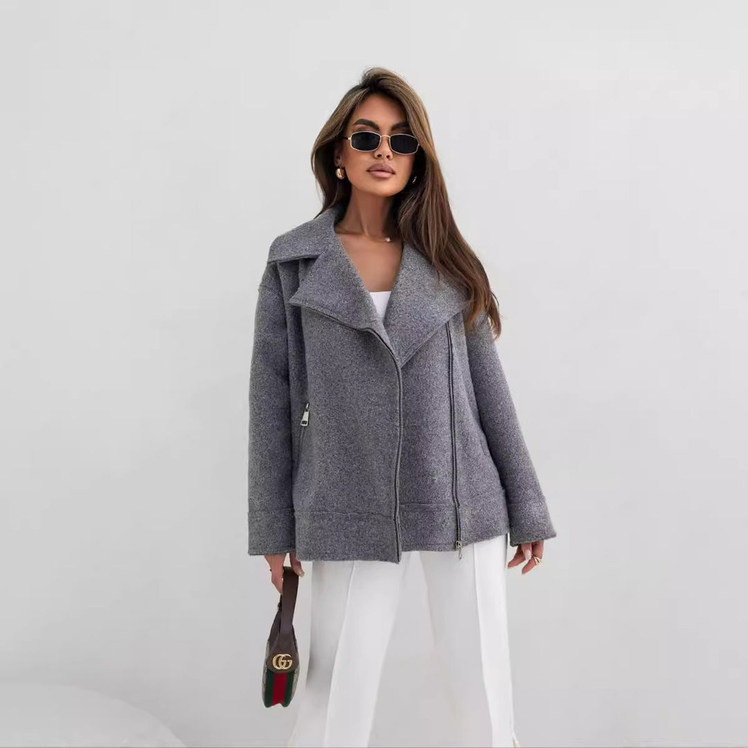 Damer elegant og varm uldjakke med asymmetrisk lynlås Stilla